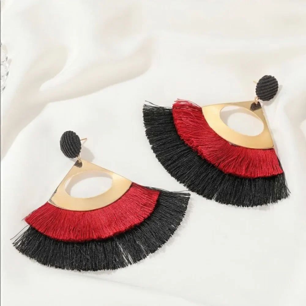 2/$30 Fringe Color Block Tassel Decor Earrings - Picture 2 of 3